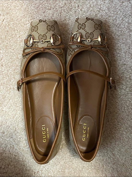 Gucci Shoes - Gucci Tan Brown Monogram Canvas Horsebit Mary Jane Flats